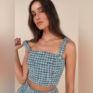 Lulus NWT Playfully Teal Green Multi Boucle Tweed Cropped Tank Top Silver Button